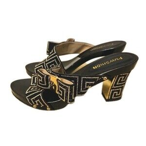 Mayshion Womens Formal Black Gold Rhinestone Bow Heels Open Toe, Size 37